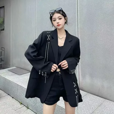 Black Blazer Women Y2K Autumn Fashion Streetwear Chain Decoration Suit Jackets Korean Oversized Casual A Button Coats