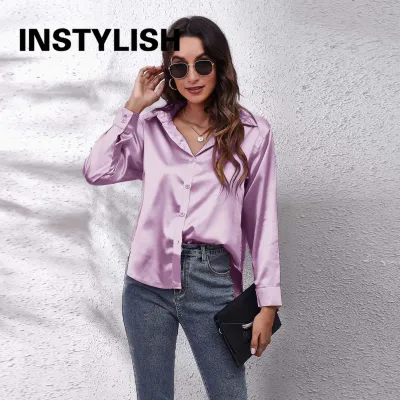 Women Elegant Satin Shirt Casual Long Sleeve Fake Silk Blouse Spring Summer Office Lady Tops Female Simple All Match Clothing
