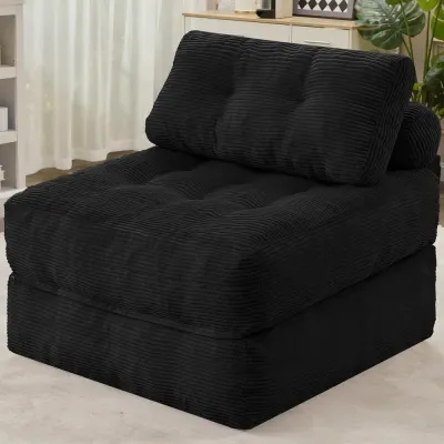 Convertible Sleeper Chair with Dual Pillows and Handle, Ideal for Living Room, Bedroom, or Office, Sleek Black