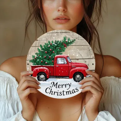[2D Flat] 1pc Vintage Red Truck Christmas Wreath Metal Sign - Round 2D Flat Iron Art Deco, Festive Holiday Wall & Door Hanging f