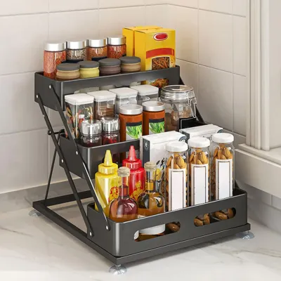 3 Tier Foldable Spice Rack for Countertop, Iron Kitchen Seasoning Organizer for Cabinet, Black