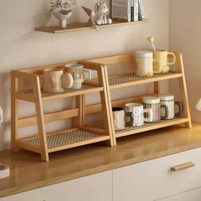 Wooden Storage Shelf for Kitchen Rattan Desktop Organizer Display Rack Spice Rack for Countertop Makeup Organizer