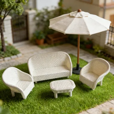4 PCS Miniature White Wicker Tea Table & Chair Set Dollhouse Furniture Micro Landscape Props for Bedroom Fairy Garden Decor