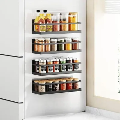 Black Magnetic Fridge Spice Rack No Drill Refrigerator Side Shelf Space Saving Multifunctional Kitchen Storage Organizer