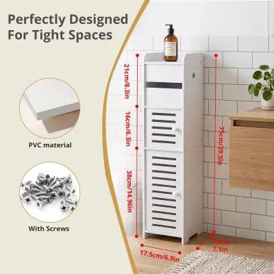 29.5"x6.9"x7.1" White Slim Bathroom Storage Cabinet, Narrow Toilet Floor Organizer with Adjustable Shelves & Toilet Paper Holder
