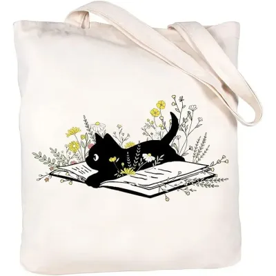 Black Cat Book Surrounded By Flowers  Canvas Tote Bag for Women with Inner Pocket Aesthetic Cute Shopping Tote Bags Reusable