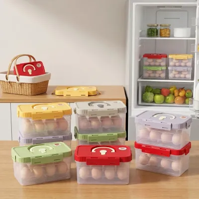 Egg Storage Box Fridge Organizer Stackable Clear Plastic Eggs Holder Tray with Lid Handle Kitchen Refrigerator Food Container