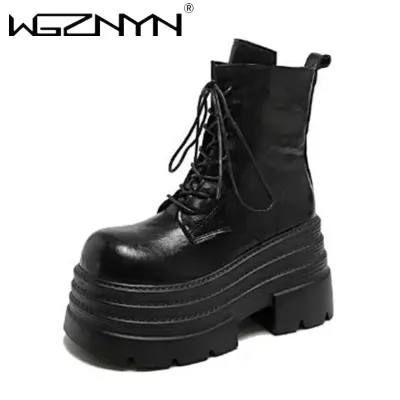 10.5CM Women High Platform Boots Gothic Leather Punk Shoes Female Ankle Short Combat Boots Wedge Heels Chunky Motorcycle Boot