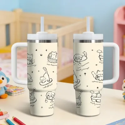 Cute Colorful Cat Vacuum Flasks 40oz Stainless Steel Insulated Tumbler With Handle & Straw Leakproof Travel Mug