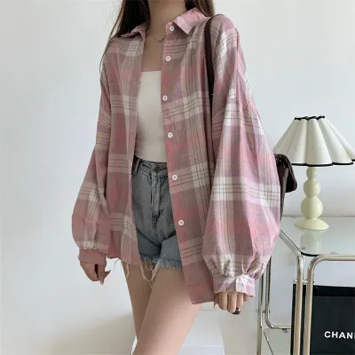 Women Tartan Shirt Long Sleeve Collared Button Up Oversized Plaid Shirt Jacket Grunge Fashion Teenage Girl Spring Summer Outfit