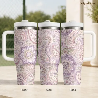Mixed Fabric Vacuum Flasks 40oz Stainless Steel Insulated Tumbler With Handle & Straw Leakproof Travel Mug
