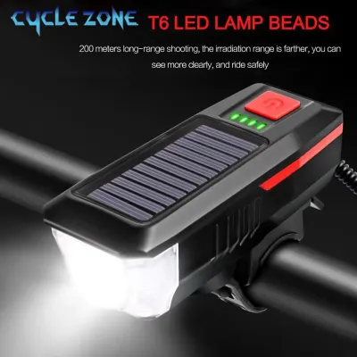 Solar Bicycle Head Light Rechargeable MTB Road Bike Flashlight Lamp with Horn Bicycle Front Rear Light Set Cycling Accessories