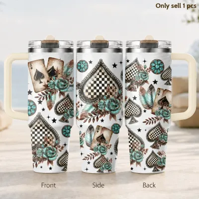 Checkered Spades Vacuum Flasks 40oz 3rd Gen Vacuum Insulated Stainless Steel Tumbler Cup with Handle Straw Lid