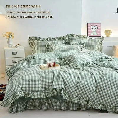 3 Piece camel color plaid duvet cover Set , comfortable Bedding Set Bedspread for All Season