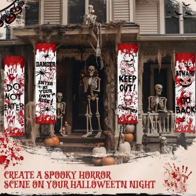 VIKAMA Halloween Porch Door Cover Horror Blood Handprint Skeleton Door Banner Horror Courtyard Party Decoration