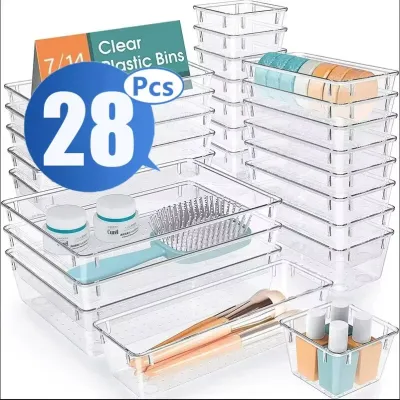 4/28 PCS Clear Drawer Organizer Set Multi-functional Desk Organizer Trays for Cosmetics Kitchen Utensils and Office Accessories