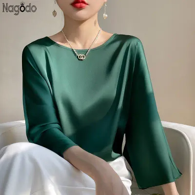 Summer Elegant O-neck Plus Size Silk Satin Blouse Female Shirts Office Ladies Loose Casual Top 3/4 Sleeve Tops for Women T Shirt