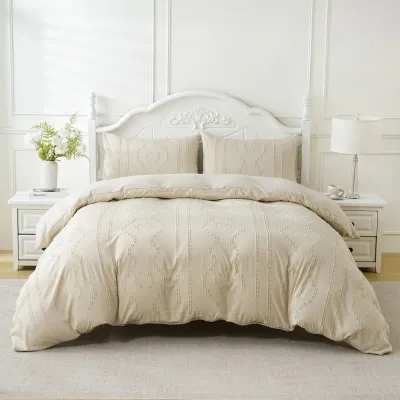Tufted Duvet Cover Set Twin King, Microfiber Quilt Cover with Zipper, 2/3 Pieces Boho Embroidery Shabby Chic Bedding Set (Beige)