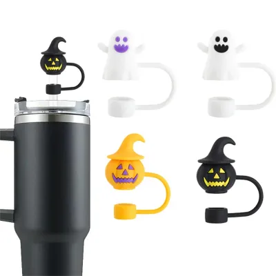 Cartoon Pumpkin Ghost Silicone Straw Covers For Cup Drinking Dust Cap Straw Tips Cover Halloween Party Cup Accessories