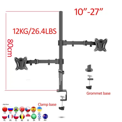 (80cm) DL-T902-280II Full Motion Dual Monitor Desktop Stand Holder 10'-27' Clamp Grommet Hole Base PC Mount Foldable Arm 12kg