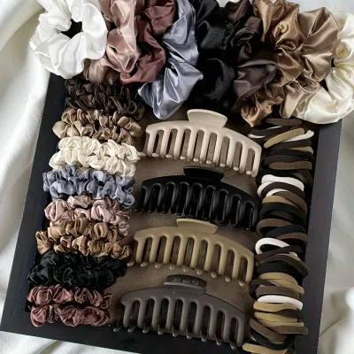 79pcs Hair Accessories Set: Satin Scrunchies, Claw Clips & Elastic Bands in Neutral Tones