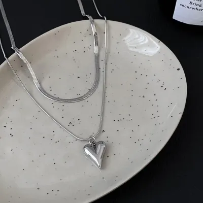 Stainless Steel PVD 18K Gold Plated Tarnish Waterproof Double Chain Layered Heart Necklace For Woman Jewelry