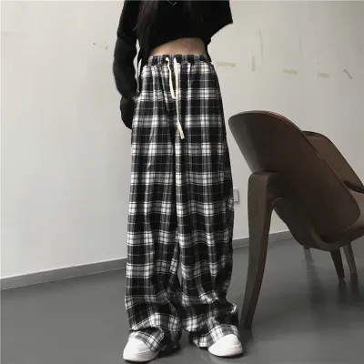 Casual sports pants, fashionable black checkered pants, loose elastic waist pocket, wide leg pants, neutral hip-hop loose pants