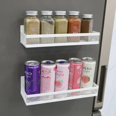 2 Pack Magnetic Fridge Storage Basket No Drill Refrigerator Side Organizer Metal Mesh Kitchen Rack for Spices Fruits Condiments