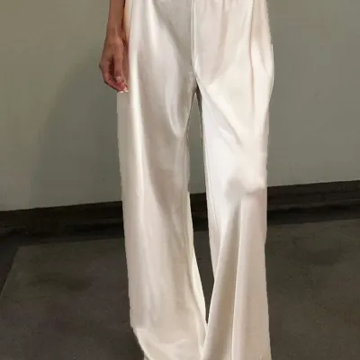 Chic Satin Wide Leg Dress Pants Women's Stylish Elastic Waist Loose Fit Long Trousers for Streetwear Work Solid Color