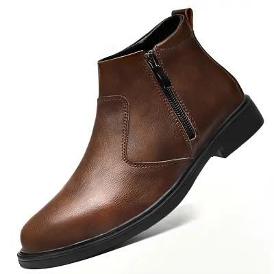 Autumn and Winter New High-Top Leather Shoes for Men, Zippered Leather Boots, Fashionable Versatile Business Casual Shoes, Men's Formal Shoes, Chelsea Boots