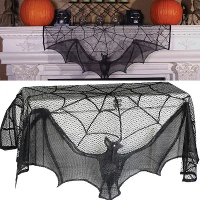 1 Piece Halloween Lace Curtain Black Bat Spider Tablecloth Fireplace Mantel Scarf Cover Halloween Home Room Spider Web Horror Decoration