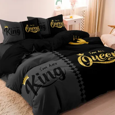 3pcs Fashionable Black Gray Queen & King Crown Printed Bedding Set Duvet Cover Soft Comfortable And Breathable, Bedroom, Hotel