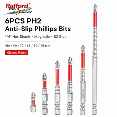 Rafford 6PCS PH2 Anti-Slip Phillips Screwdriver Bits, 1/4" Hex Shank Magnetic S2 Steel Drill Bit Set 25/50/65/70/90/150mm