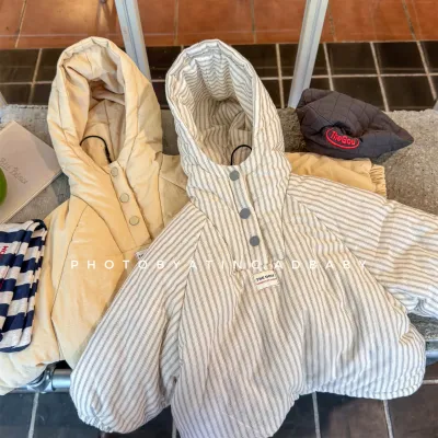 2025 Winter New Children Warm Coat Boys Girls Striped Cotton Padded Jacket Baby Parka Tops Baby Fleece Coat Fashion Kids Clothes