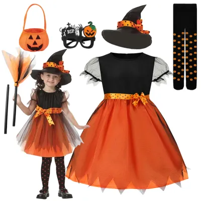 2026 Children's Pumpkin Costume Role Playing Girls Dress Carnival Party Halloween Cosplay Performance Kid Outfit