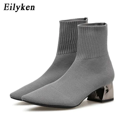 EilyKen Autumn Winter Knitted Stretch Fabric Socks Women Low Heel Short Boots Gray Pointed Toe Female Ankle Booties