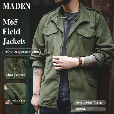 Maden Military M65 Field Jackets For Men's Green Vintage Army Jacket Casual Windbreaker Solid Lapel Collar with Pockets Overcoat