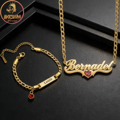 Custom Baby Name 35cm Necklace Bracelet Jewelry Set with Birthstone Engraved Children's Name Bracelet for Mom Kid Birthday Gift