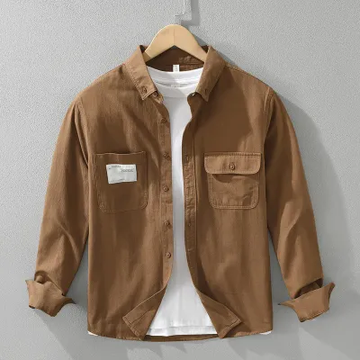 Japanese Vintage Streetwear Workwear Shirt for Men Youth 100% Cotton Square-Collar Pocket Overshirt Loose-Fit Casual Jacket