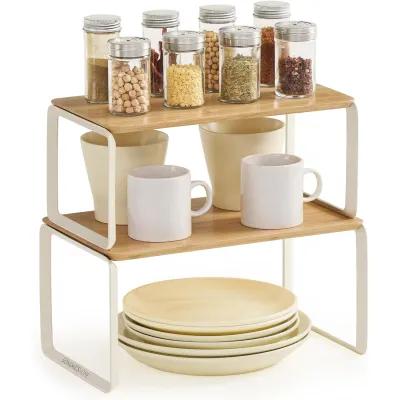 Cabinet Organizer Shelf Set of 2, Stackable Kitchen Counter Shelves for Spice Jars, Storage Rack with Bamboo and Metal