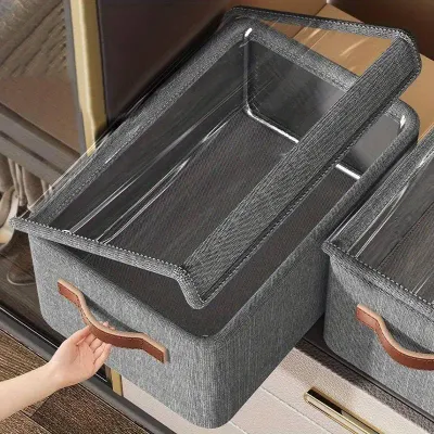 Folding Storage Box with Lid Large Clear Collapsible Stackable Storage Box Foldable Fabric Linen Cube Closet Organizer Baskets
