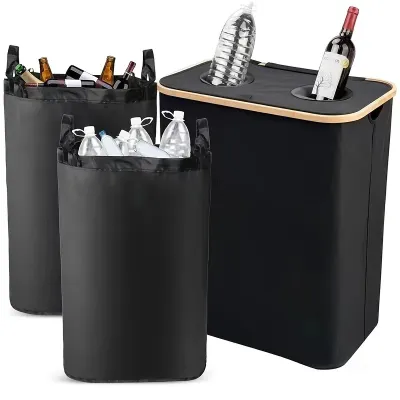 140L Large Capacity Kitchen Storage Basket Upgraded Dual Throw Bottle Mouth Folding Recycling Box with Lid for Home Organization