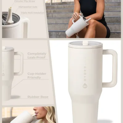 HYD Traveler - 40 oz Water Bottle with Handle & Flip Straw - Fits in Cup Holder, Leak Resistant Tumbler-Reusable Insulated Stainless Steel & Rubber Base - Gifts for Women & Men