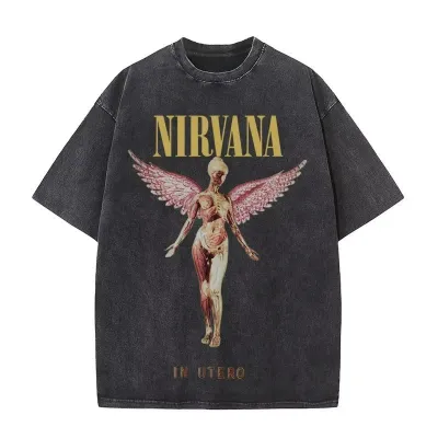 Nirvana rock band men's Retro cotton Washed Tee In Utero album man Women's oversized Y2K distress Tshirt Casual Loose streetwear