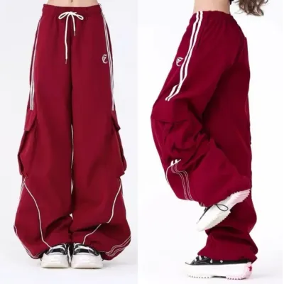 Y2K Black Striped Women Cargo Pants Korean Fashion Wide Leg Baggy Trousers Streetwear Autunm Harajuku Hip Hop Oversized Loose