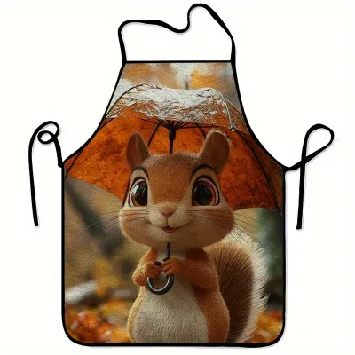 1pc Large Kitchen Apron Cute Autumn Squirrel in Orange Umbrella Design Heavy-Duty Polyester Cooking Apron for Home Thanksgiving