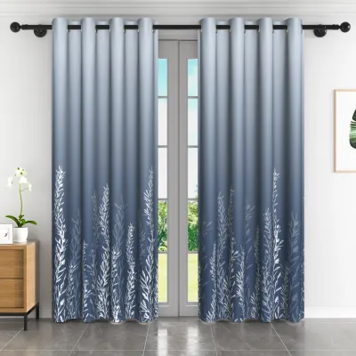 2pcs/set Solid Color Gradient Window curtains Bottom Leaf Print Thermal Insulated Polyester Bedroom Living Room Blackout Curtain