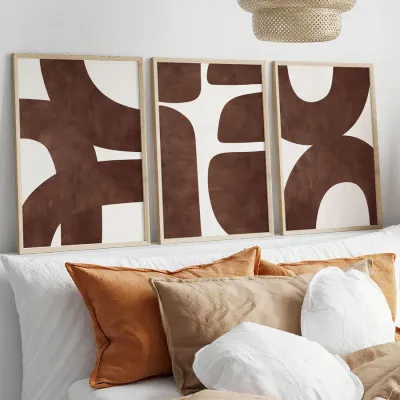 3 Pieces/Set, Abstract Geometric Wall Art, Brown Minimalist Canvas Painting, Frameless Poster, Modern Bohemian Style Wall Decor, Suitable for Bedroom, Living Room, Office, Cafe, Dormitory, Hallway, Etc., Nordic Aesthetic Home Decoration, Room Decoration, Spring Decoration