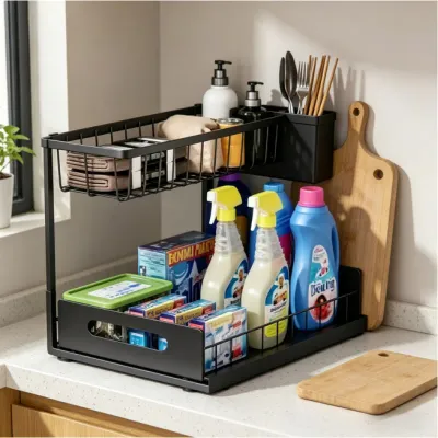 2-Tier Sliding Under Sink Organizer, Rustproof Metal Cabinet Storage Shelf for Kitchen Bathroom Cleaning Supplies