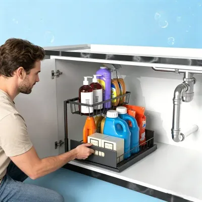 Home Household 2 Tier Sliding Under Sink Organizer Rustproof Metal Cabinet Storage for Kitchen Bathroom Cleaning Supplies
